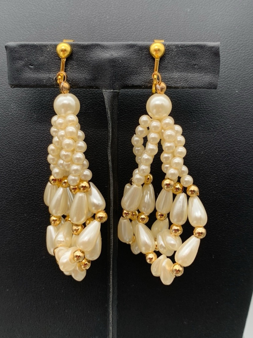Pearl Drop Cluster Dangle clip on Earrings - Gold and Cream